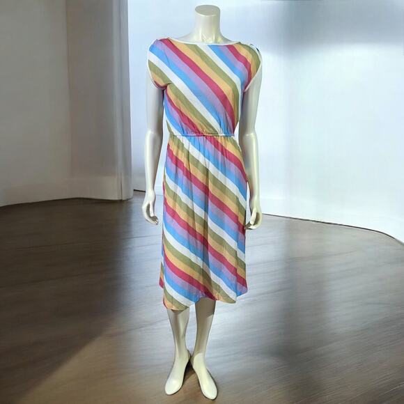 Vintage Jeni Blair of California Diagonal Stripe Midi Dress Pastel Rainbow Sz 3 - Picture 1 of 15